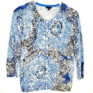 Talbots Sweater Size M Blue Black Abstract Cardigan Button Up Lightweight
